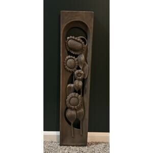 Vintage Hand Carved Brown Wooden Sunflower Wall Art Hanging